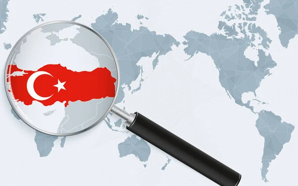 Asya Merkezli Dünya Haritası Türkiye Üzerinde Büyültülmüş Camlar Ile Türkiye — Stok Vektör