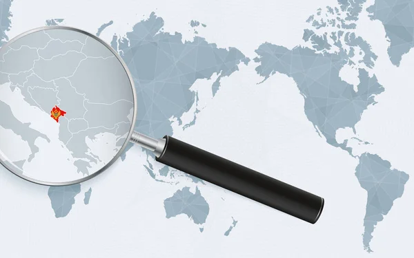 Asia Centered World Map Magnified Glass Montenegro Focus Map Montenegro — Vettoriale Stock