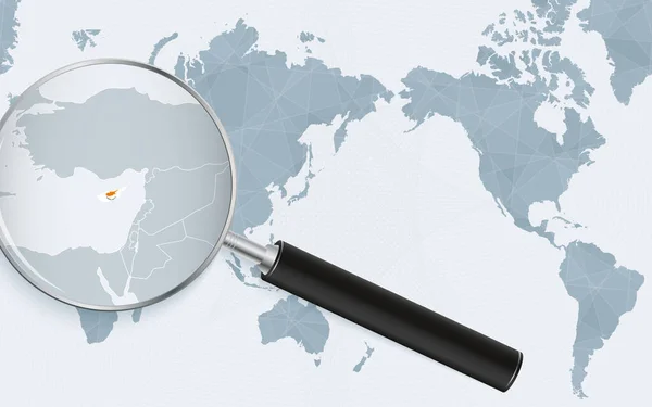 Asia Centered World Map Magnified Glass Cyprus Focus Map Cyprus — Vettoriale Stock