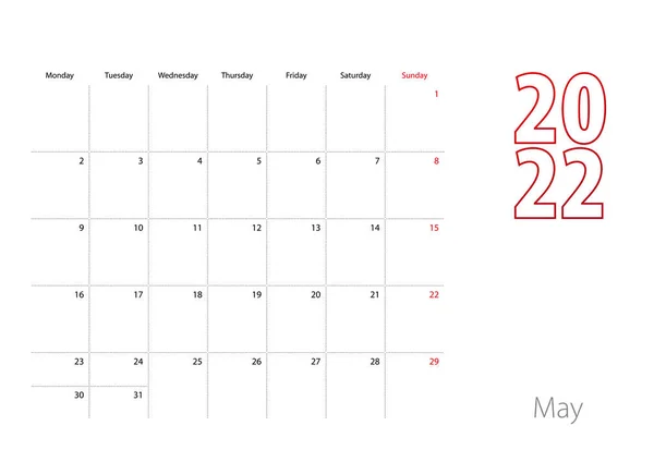 Календар Травень 2022 Року Сучасному Дизайні Шаблон Планування — стоковий вектор