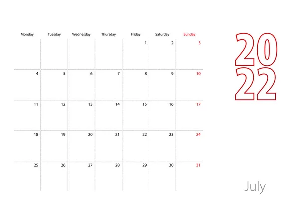 カレンダー2022年7月の現代的なデザイン プランナーテンプレート — ストックベクタ