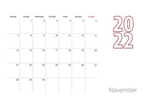 Calendar November 2022 Modern Design Planner Template — 图库矢量图片