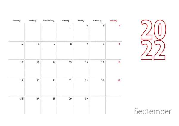 Calendar September 2022 Modern Design Planner Template — Stock Vector