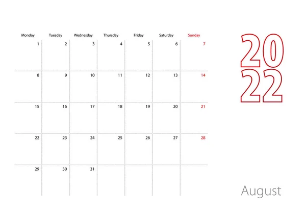 Calendario Para Agosto 2022 Diseño Moderno Plantilla Planificador — Archivo Imágenes Vectoriales