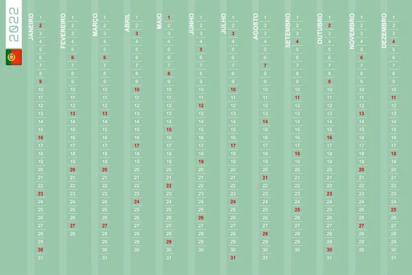 Verticale Eenrijige Kalender Voor Het Jaar 2022 Het Portugees Portugese — Stockvector