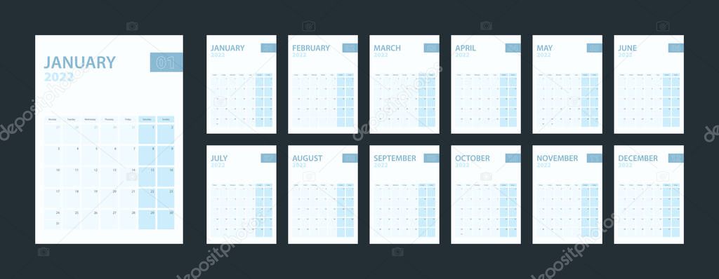 Vertical calendar 2022, set of 12 pages of calendar 2022.
