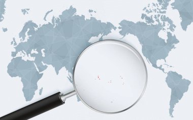 Asia centered world map with magnified glass on Kiribati. Focus on map of Kiribati on Pacific-centric World Map.