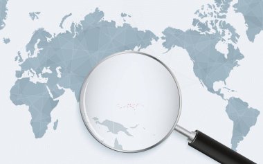 Asia centered world map with magnified glass on Micronesia. Focus on map of Micronesia on Pacific-centric World Map.