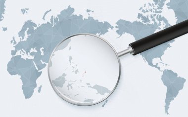 Asia centered world map with magnified glass on Palau. Focus on map of Palau on Pacific-centric World Map.