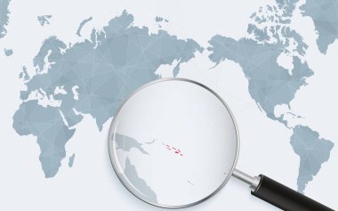 Asia centered world map with magnified glass on Solomon Islands. Focus on map of Solomon Islands on Pacific-centric World Map.