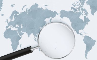 Asia centered world map with magnified glass on Tuvalu. Focus on map of Tuvalu on Pacific-centric World Map.