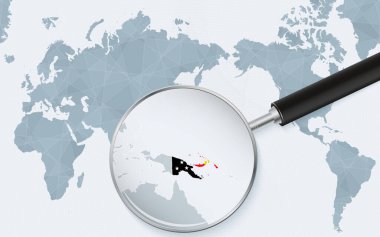 Asia centered world map with magnified glass on Papua New Guinea. Focus on map of Papua New Guinea on Pacific-centric World Map.