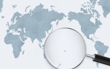 Asia centered world map with magnified glass on Samoa. Focus on map of Samoa on Pacific-centric World Map.