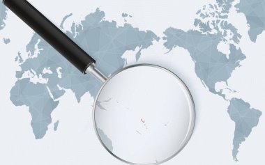 Asia centered world map with magnified glass on Vanuatu. Focus on map of Vanuatu on Pacific-centric World Map.
