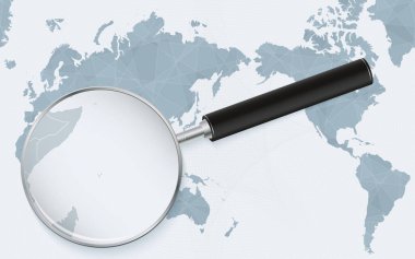Asia centered world map with magnified glass on Seychelles. Focus on map of Seychelles on Pacific-centric World Map.
