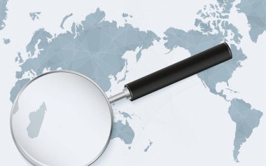 Asia centered world map with magnified glass on Mauritius. Focus on map of Mauritius on Pacific-centric World Map.