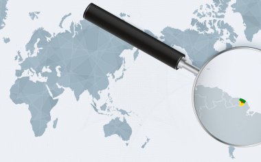 Asia centered world map with magnified glass on French Guiana. Focus on map of French Guiana on Pacific-centric World Map.