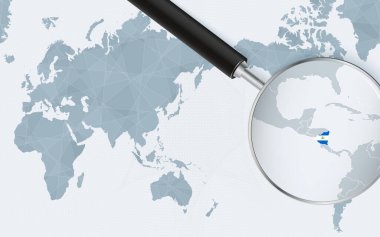 Asia centered world map with magnified glass on Nicaragua. Focus on map of Nicaragua on Pacific-centric World Map.