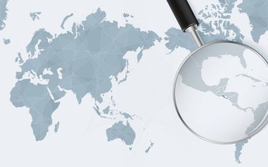 Asia centered world map with magnified glass on El Salvador. Focus on map of El Salvador on Pacific-centric World Map.
