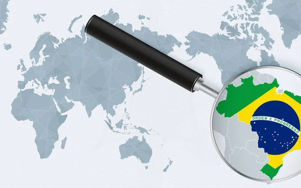 Asia Centered World Map Magnified Glass Brazil Focus Map Brazil — Διανυσματικό Αρχείο