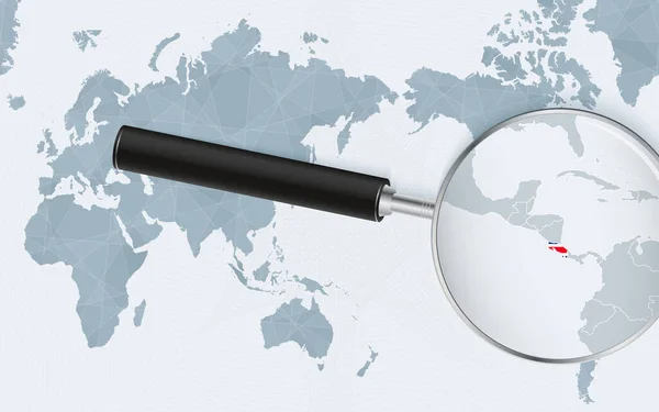 Asia Centered World Map Magnified Glass Costa Rica Focus Map — Vettoriale Stock