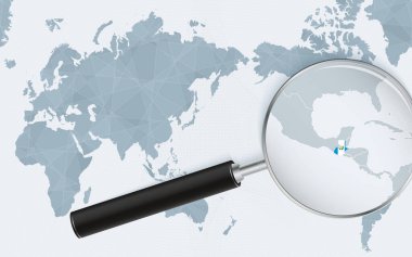 Asia centered world map with magnified glass on Guatemala. Focus on map of Guatemala on Pacific-centric World Map.