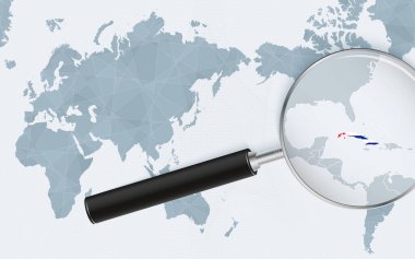 Asia centered world map with magnified glass on Cuba. Focus on map of Cuba on Pacific-centric World Map.