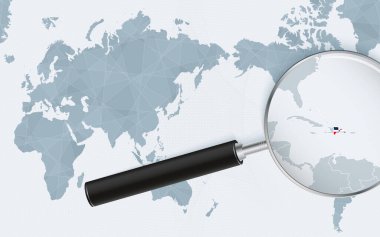 Asia centered world map with magnified glass on Dominican Republic. Focus on map of Dominican Republic on Pacific-centric World Map.