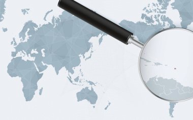 Asia centered world map with magnified glass on Antigua and Barbuda. Focus on map of Antigua and Barbuda on Pacific-centric World Map.