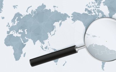 Asia centered world map with magnified glass on Barbados. Focus on map of Barbados on Pacific-centric World Map.