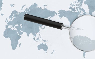 Asia centered world map with magnified glass on Grenada. Focus on map of Grenada on Pacific-centric World Map.