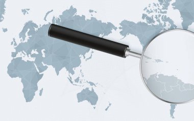 Asia centered world map with magnified glass on Saint Lucia. Focus on map of Saint Lucia on Pacific-centric World Map.