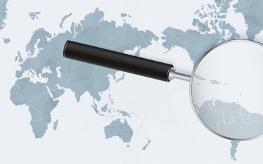 Asia centered world map with magnified glass on Saint Vincent and the Grenadines. Focus on map of Saint Vincent and the Grenadines on Pacific-centric World Map.