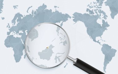 Asia centered world map with magnified glass on Brunei. Focus on map of Brunei on Pacific-centric World Map.