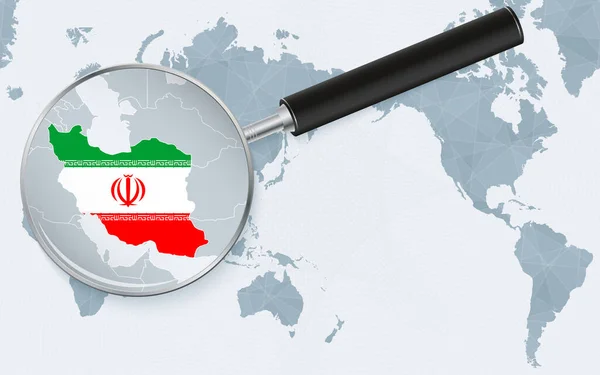 Asia Centered World Map Magnified Glass Iran Focus Map Iran — Stockový vektor