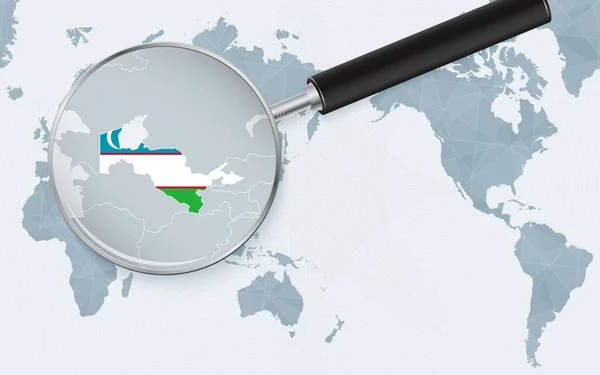 Asia Centered World Map Magnified Glass Uzbekistan Focus Map Uzbekistan — Vettoriale Stock