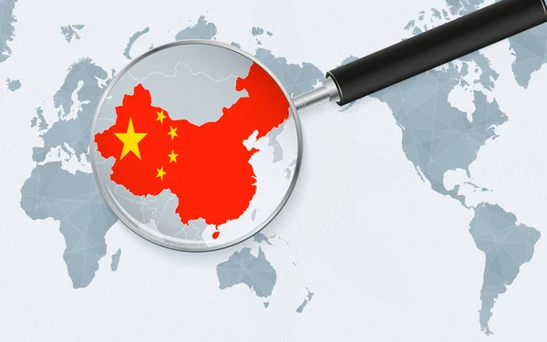 Asia Centered World Map Magnified Glass China Focus Map China — Stockvektor