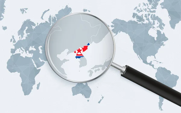 Asia Centered World Map Magnified Glass North Korea Focus Map — Vetor de Stock