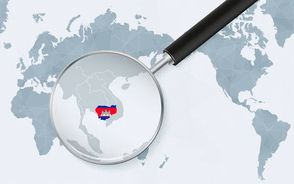 Asia Centered World Map Magnified Glass Cambodia Focus Map Cambodia — стоковый вектор