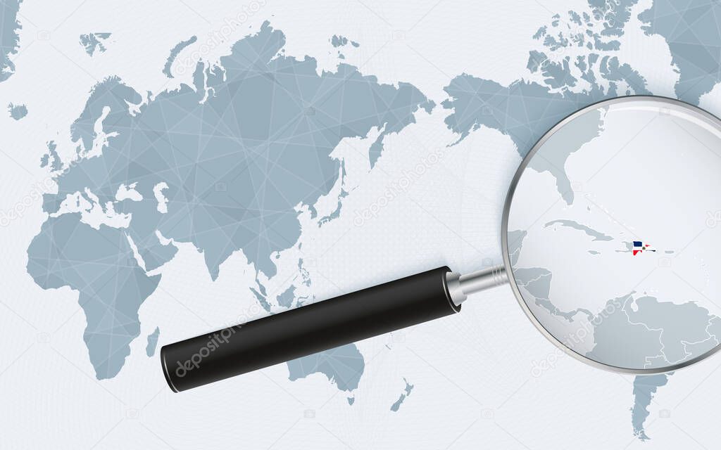 Asia centered world map with magnified glass on Dominican Republic. Focus on map of Dominican Republic on Pacific-centric World Map.