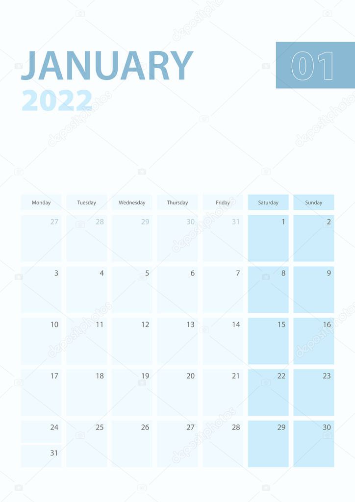 Vertical calendar page of January 2022, Week starts from Monday.