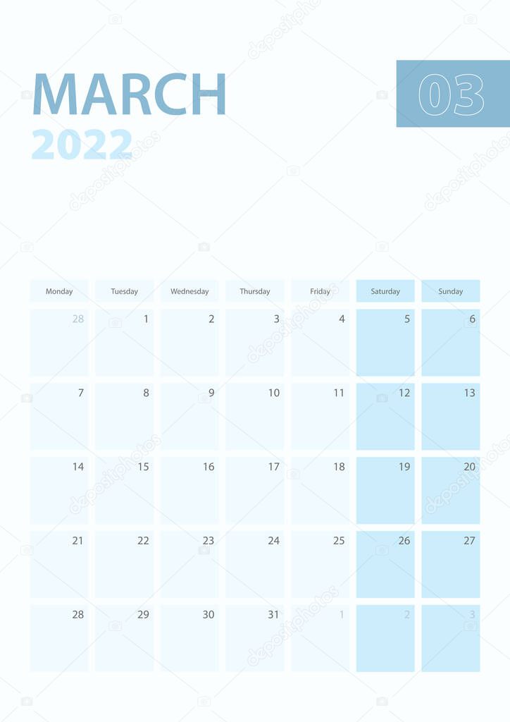 Vertical calendar page of March 2022, Week starts from Monday.