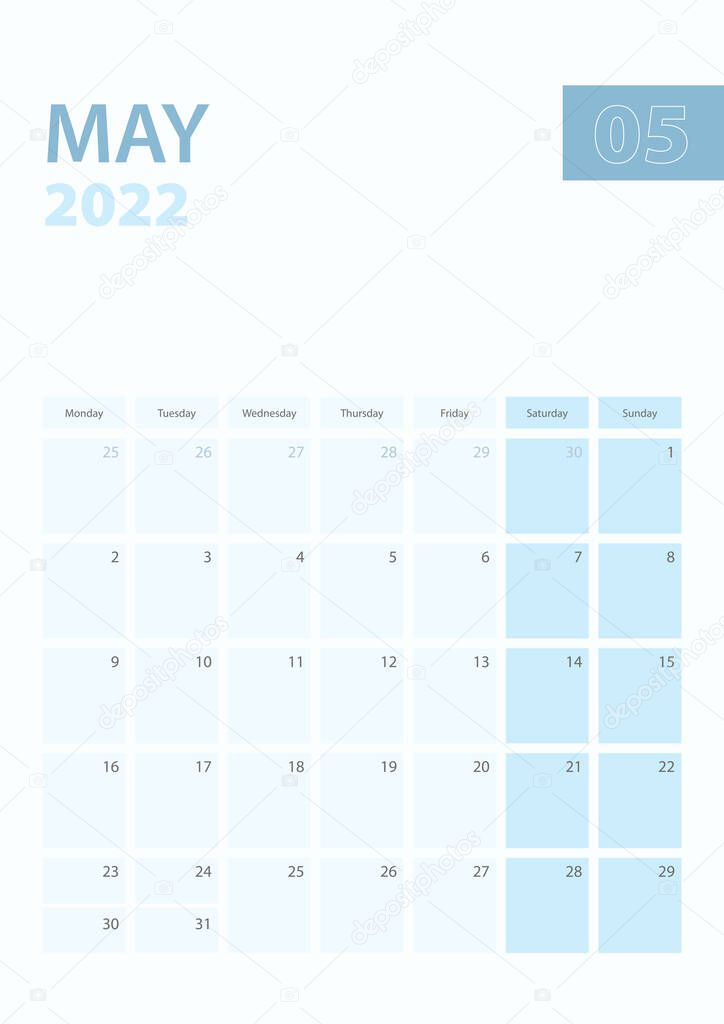 Vertical calendar page of May 2022, Week starts from Monday.