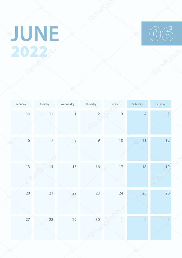 Vertical calendar page of June 2022, Week starts from Monday.