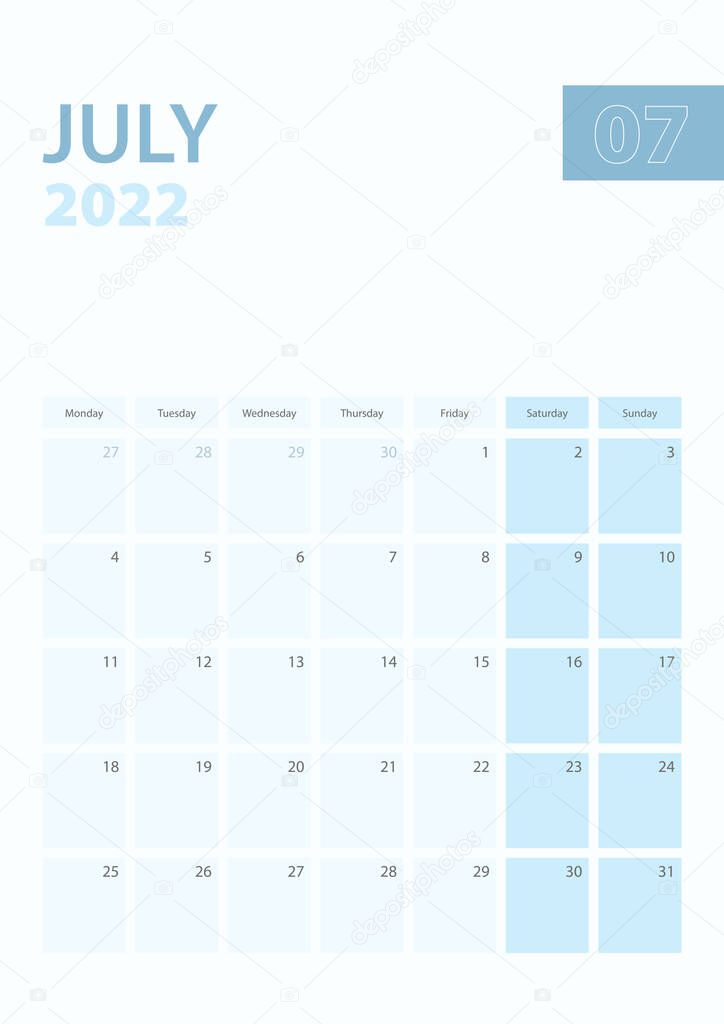 Vertical calendar page of July 2022, Week starts from Monday.