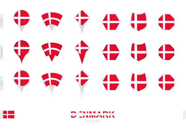 Kolekcja Flag Danii Różnych Kształtach Trzema Różnymi Efektami — Wektor stockowy
