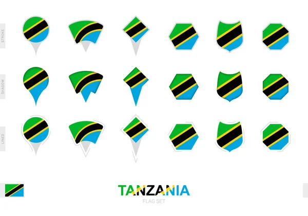 Insamling Tanzania Flaggan Olika Former Och Med Tre Olika Effekter — Stock vektor