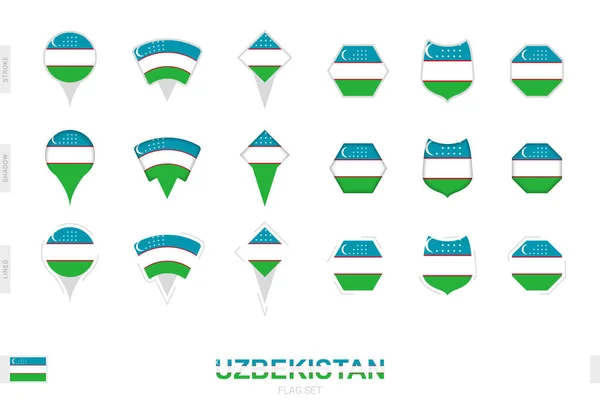 Sammlung Der Usbekischen Flagge Verschiedenen Formen Und Mit Drei Verschiedenen — Stockvektor