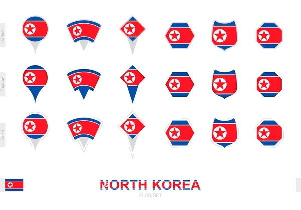 Kolekcja Flagi Korei Północnej Różnych Kształtach Trzema Różnymi Efektami — Wektor stockowy