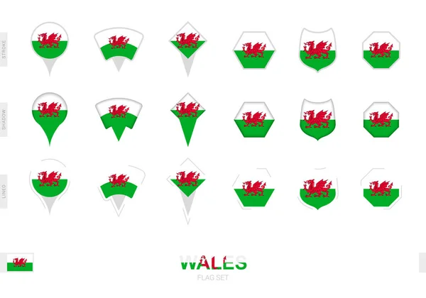 Collectie Van Wales Vlag Verschillende Vormen Met Drie Verschillende Effecten — Stockvector